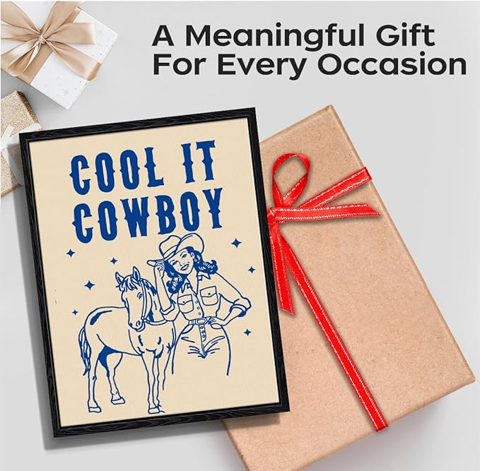 Western Cowgirl Wall Art, cool it cowboy message, vintage western wall decor, matte finish framed canvas print, western poster artwork, for country bar game room gift, 12x15 inch