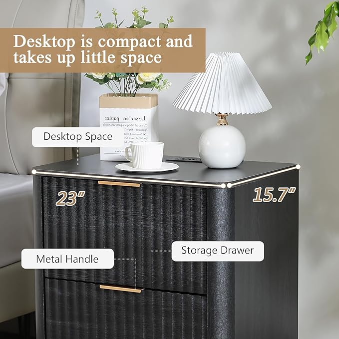Fluted Nightstand Set of 2, Wood End Table with Charging Station, 23" Modern Night Stands with 2 Drawers, Black Bedside Table for Bedroom
