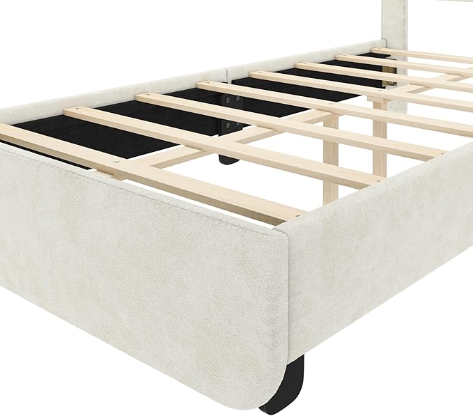 Max & Lily Upholstered Twin Bed Frame with Arch Headboard, Upholstered Platform Bed for Kids, No Box Spring Needed, Easy Assembly, Cream