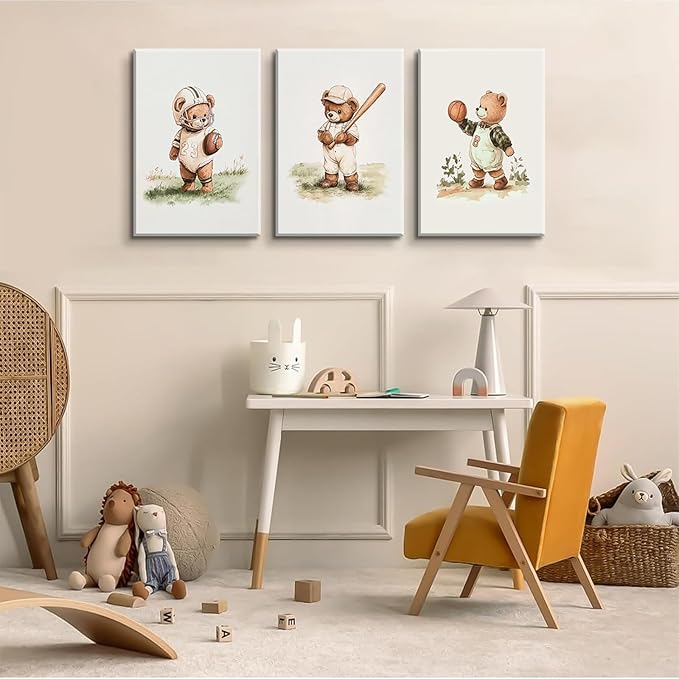 3Pcs Nursery Teddy Bear Canvas Wall Art Vintage Sports Bear Wall Decor Sports Boys'Room Artwork Prints Basketball Football Baseball Painting Pictures for Children's Room Boys' Room (12x16in Canvas)