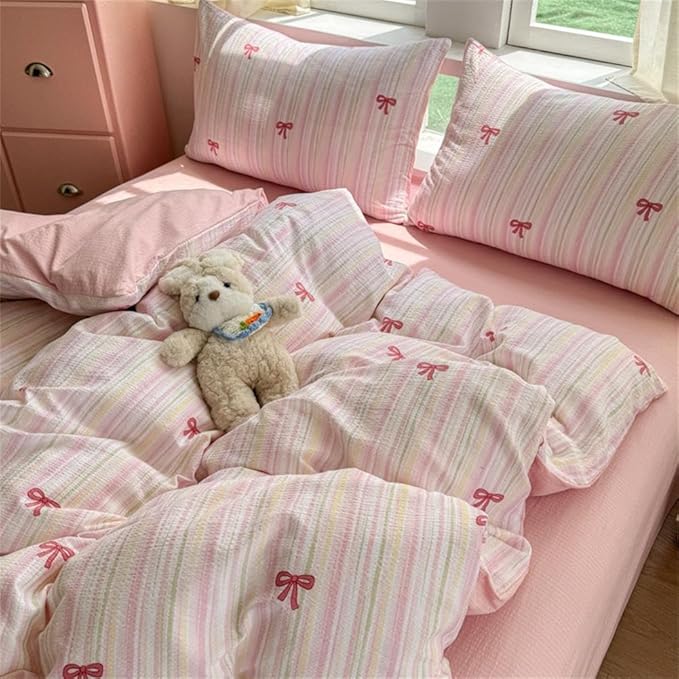 Striped Duvet Cover Queen Size Pink Bow Bedding Set Kids Boys Girls Princess Style Bowknot Coquette Reversible Soft Microfiber Duvet Cover Set 3 Pieces with 2 Pillowcases