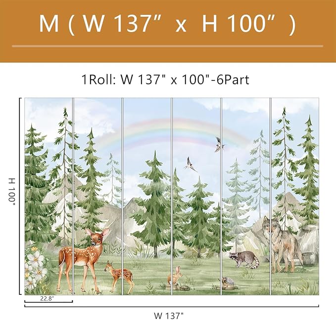 Forest Animals Kids Wallpaper Peel and Stick Nursery Pine Tree Self Adhesive Wall Mural for Children's Room Bedroom 137"x100"