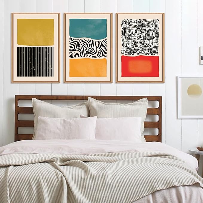 HLNIUC Large Mid Century Modern Wall Art Framed 16x24, Boho Abstract 3 Piece Canvas Decor, Mcm Vintage Bohemian Color Block Painting, Geometric Line Art Print for Living Room, Bedroom, Office