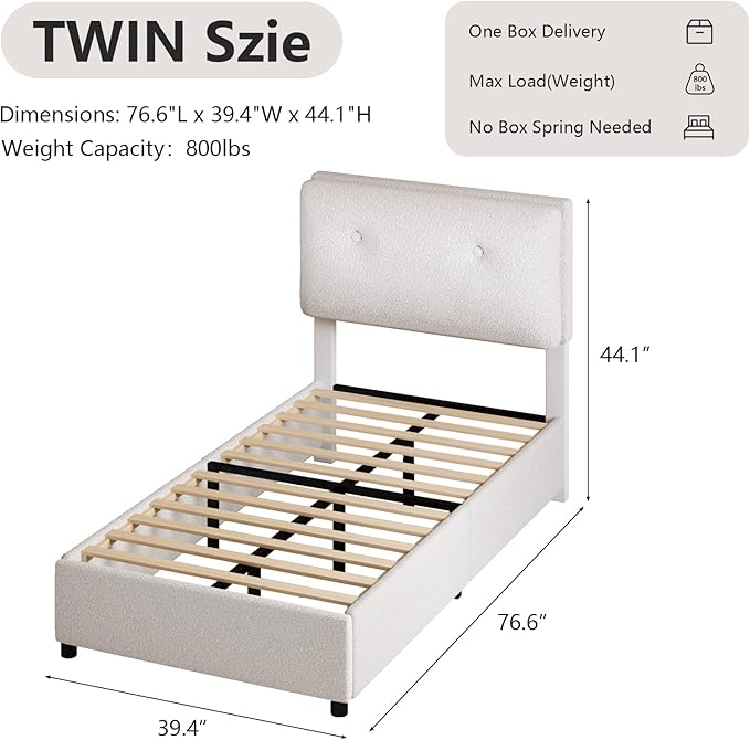 Twin Size Bed Frame, Cloud Boucle Upholstered Bed Frame with Headboard, Twin Bed Frames for Kids, Adjustable Headboard, No Box Spring Needed, Easy Assembly, White