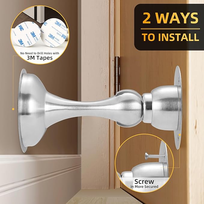 Magnetic Door Stop No Drilling Door Stop with 3D Adhesive Tapes Keep Door Open Door Stainless Steel Screws for Stronger Mount (Silver)