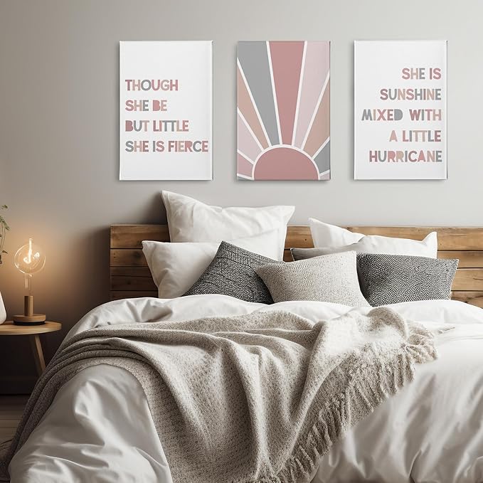 PHAMTE Nursery Boho Girls Bedroom Wall Art Decor Set of 3, She is Sunshine Mixed with a Little Hurricane Sunshine Sun Print Framed Canvas Painting Artwork for Room Bedroom Home Playroom 16x24in