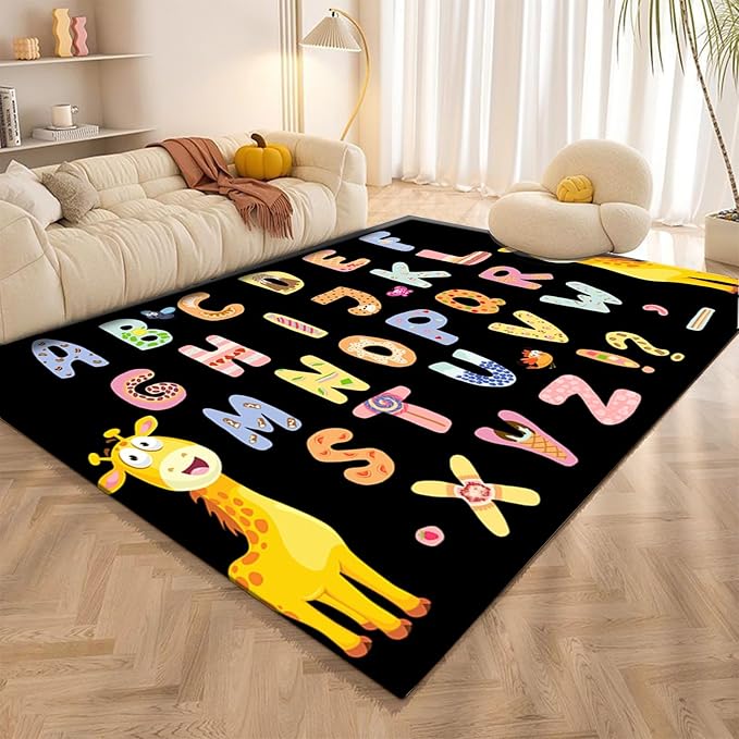 Giraffe Animal Children's Rug, 3x4ft, Learning ABC Letters Black Background Area Rugs, Washable Dirty Resistant Absorbent Mat for Indoor, No Crease Cozy Thin Carpet for Floor Family