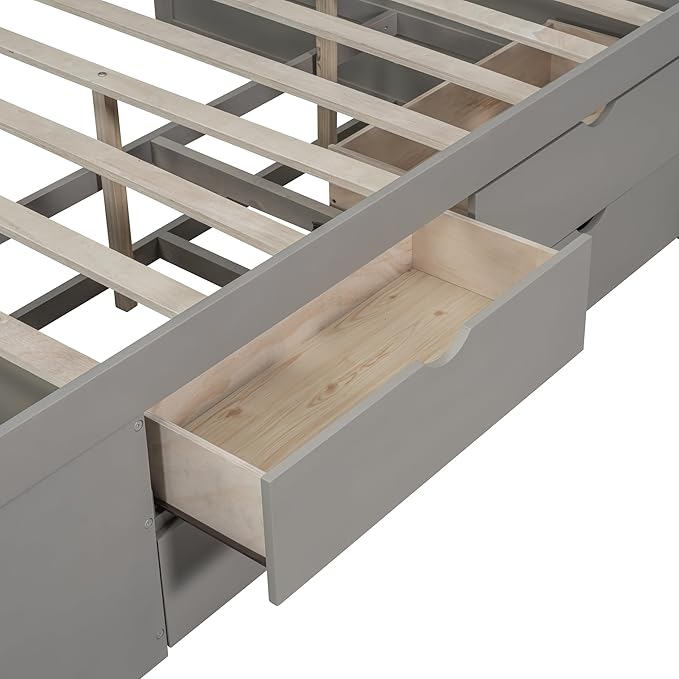 Full Size Daybed with 4 Storage Drawers and Shelves, Wooden Full Platform Bed Frame with L-Shaped Headboard and Slats Support, Corner Bed Full Captain Beds for Kids Boys Girls Teens, Gray