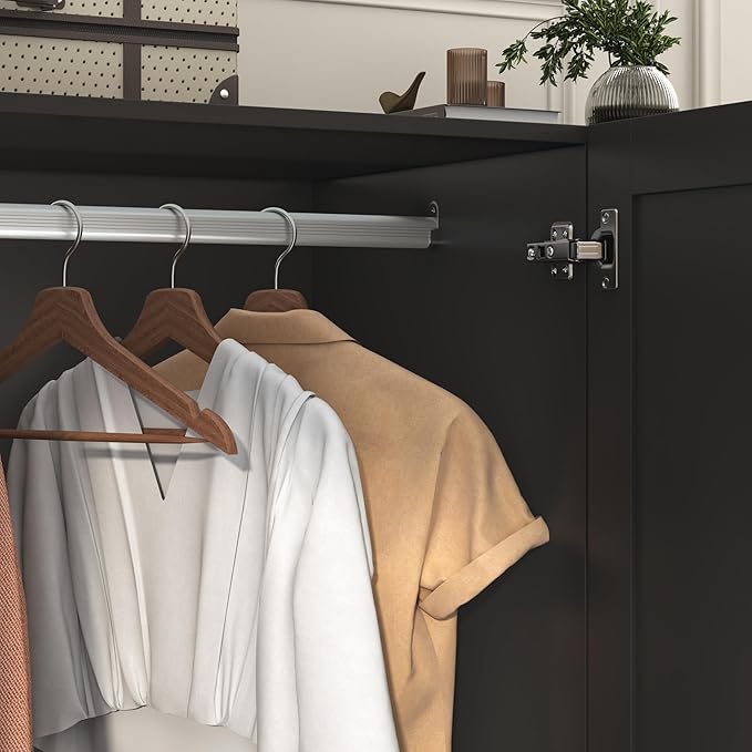 3 Doors Armoire Wardrobe Closet with 3 Drawers & Mirror, Modern Wooden Bedroom Armoires with Hanging Rod Led Lights for Bedroom, Black
