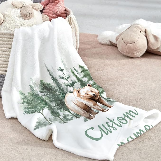 Custom Baby Crib Bedding Set - Brown Bear Design Personalized Name Baby Nursery Bedding 3 Pcs Set - Chic Soft Blanket, Fitted Sheet, Room Rug for Newborns Boys Girls Gifts