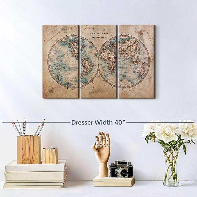 ElephantStock Hemisphere Map Wall Art Multi Piece Canvas - 3 Piece Canvas World Map Wall Decor - Wall Decor Print - Vintage Wall Art - 23" X 14"