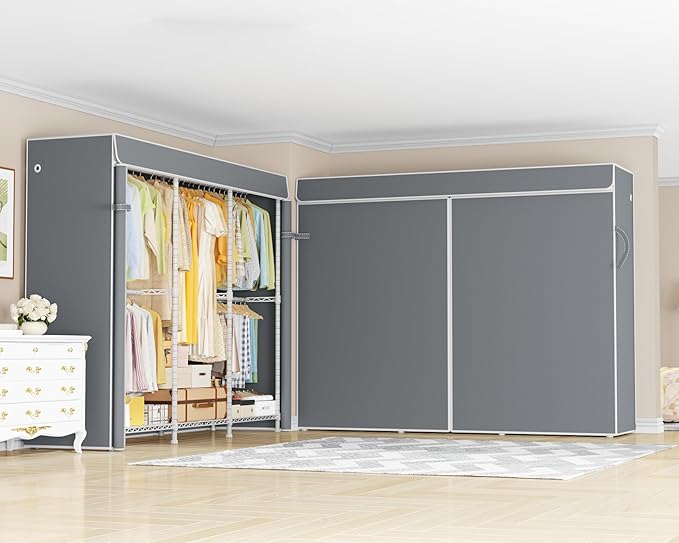 E14C Heavy Duty Closet Organizer System，Freestanding Clothing Racks for Hanging Clothes，Adjustable Garment Rack 70.1" W × 16.6" D × 76.4" H Hold 960 lbs，White Rack with Grey Dustproof Cover