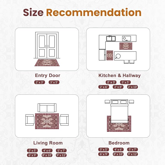 AMTOVO 6x9 Washable Area Rugs for Living Room, Non-Slip Boho Vintage Accent Medallion Print Pattern Carpet for Bedroom Dining Room Home Office Nursery Dorm Farmhouse, Vintage Red