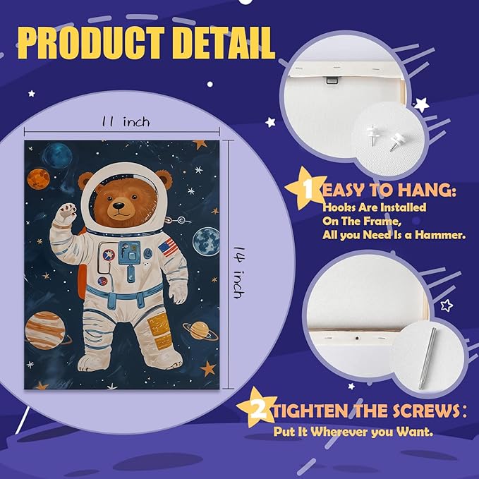 URLLUAE Astronaut Bear Space Wall Art Posters for Kids Room, Cute Outer Space Planet Canvas Poster Prints for Boys Bedroom Classroom Nursery Playroom Wall Decor, 11x14 Inch