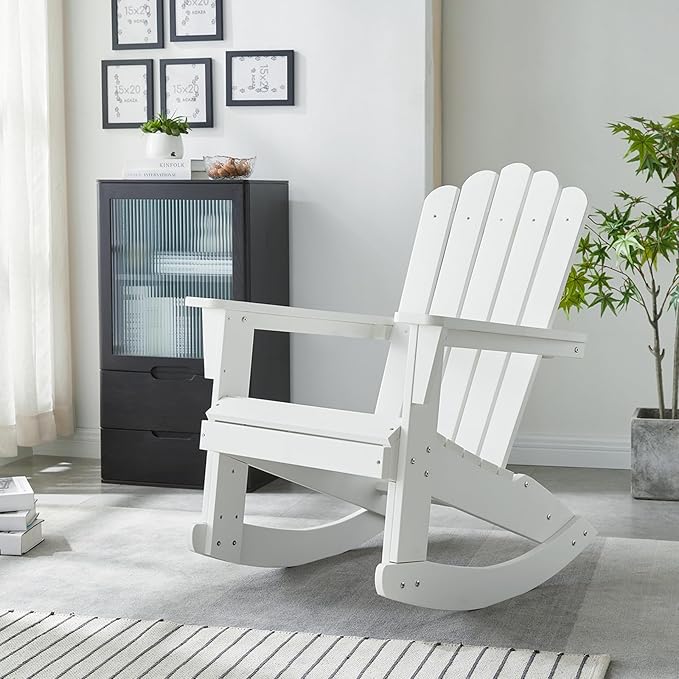 Psilvam Outdoor Adirondack Rocking Chair, Poly Lumber Porch Rocker with High Back, Patio Rocking Chair for Both Outdoor and Indoor (White)