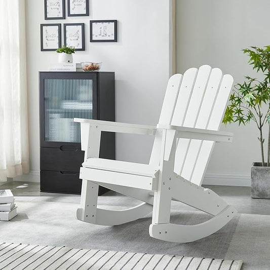Psilvam Outdoor Adirondack Rocking Chair, Poly Lumber Porch Rocker with High Back, Patio Rocking Chair for Both Outdoor and Indoor (White)