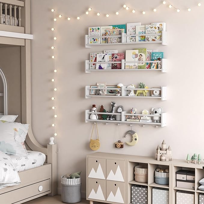 34Inch Nursery Bookshelves,Set of 4,Wall Floating Shelf Kids Coat Rack with 6Hooks,Hanging Book Shelf for Baby Nursery Room Décor ，Patent Number: 29958098(White, 34)