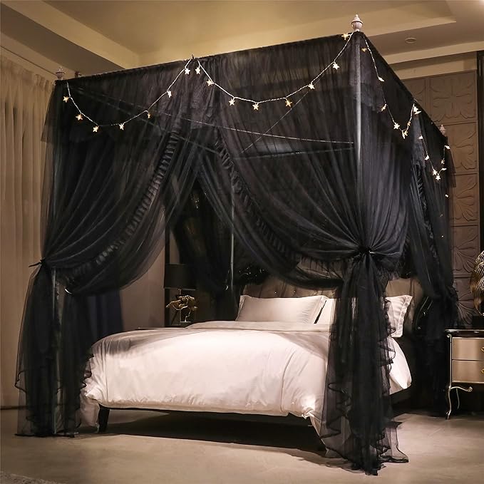 VETHIN 4 Corners Post Ruffle Princess Bed Canopy Curtain-Double Layer Cozy Drape Netting 4 Opening Mosquito Net for Girls Adults Bedroom Decoration (Double-Black, 53" W*78" L*82"*H/(Full))