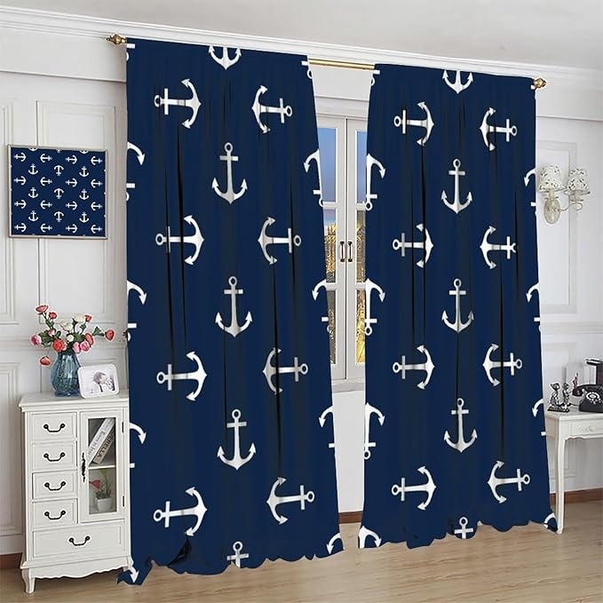 Nautical Curtains,MarineThemed Oceanic Anchor Pattern Blackout Print Home Bedroom Living Room Window Treatments 2 Panel Set 42x54 Inch