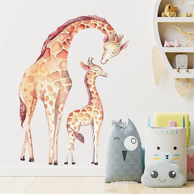 ROFARSO Lifelike Cute Lovely Mother and Child Giraffe Animal Wall Sticker Removable Wall Decal Peel and Stick Wall Art Decoration Home Decor for Nursery Kid Baby Bedroom Living Room Playing Room Mural