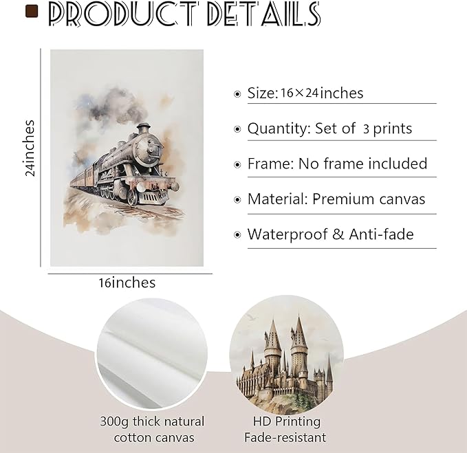 3pcs Magic Nursery Canvas Wall Art Express Train Owl Magic Castle Painting Picture Wall Decor Neutral Watercolor Poster Print Artwork For Kids' Baby Nursery Living Room Decoration Unframed