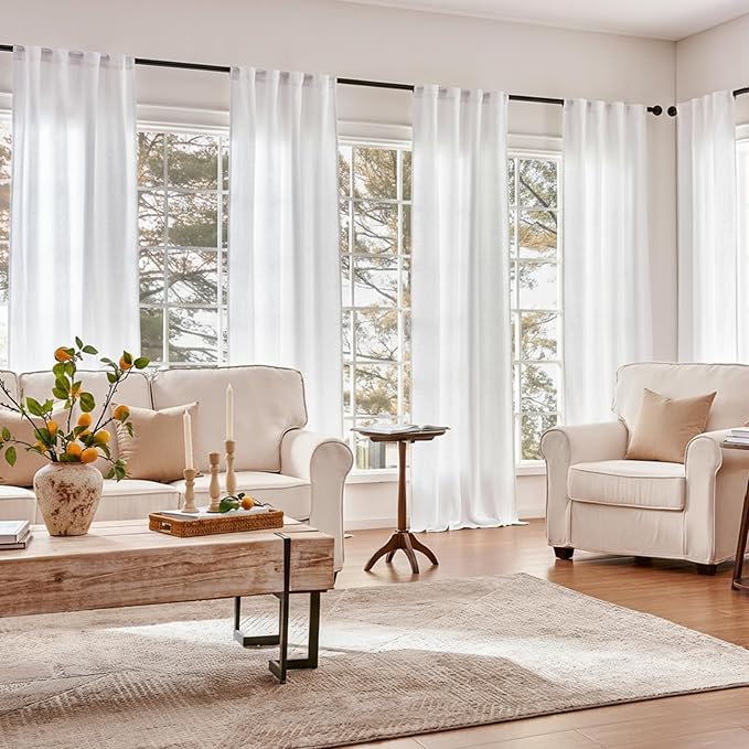 jinchan Linen Curtains with Privacy Lining 84 Inch Length White Farmhouse Closet Lined Drapes for Small Narrow Window Bedroom Living Room Bay Window 2 Panels Rod Pocket Back Tab