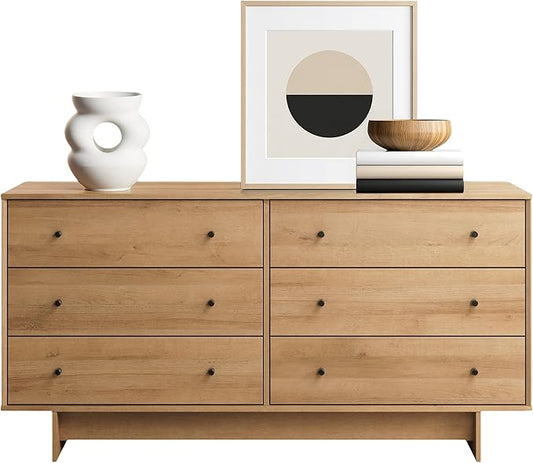 Prepac Finnley 6-Drawer Dresser in Natural Oak, Dresser for Bedroom, Extra-Wide Chest of Drawers with Storage, Modern Clothing Organizer for Home, Bedroom, Living Room, 16" D x 61" W x 31" H