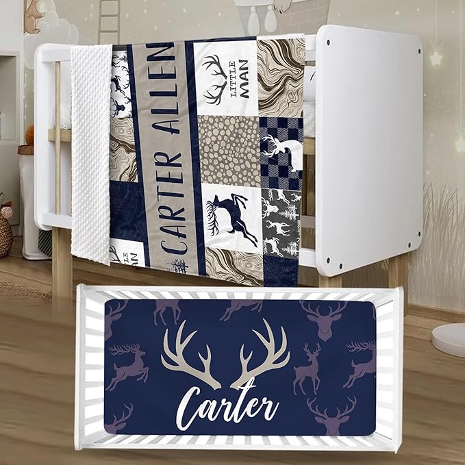 Personalized Crib Bedding Set for Boys Girls, Custom Baby Crib Sets with Name, Navy Deer Design Nursery Bedding 2 Piece - Soft Blanket with Double Layer Dotted Backing, Crib Fitted Sheet