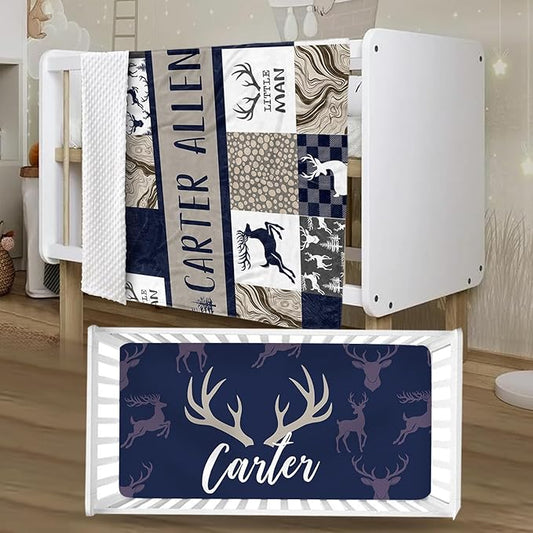 Personalized Crib Bedding Set for Boys Girls, Custom Baby Crib Sets with Name, Navy Deer Design Nursery Bedding 2 Piece - Soft Blanket with Double Layer Dotted Backing, Crib Fitted Sheet