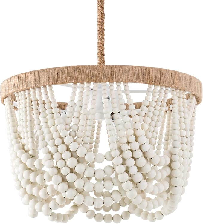 VILUXY Bohemia Wood Beaded Pendant Lights Antique Rustic Mini Chandelier White Finishing for Bedroom, Nursery Room, Girl Room, Hallway, Entryway, Passway, Dining Room, 3-Light