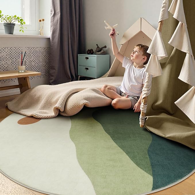 6ft Round Rugs for Living Room,Soft Washable Non-Slip Large Circle Rug,Chic Mountain Low-Pile Circular Bedroom Rug Indoor Round Carpets for Kidsroom/Nursery/Office(Green)