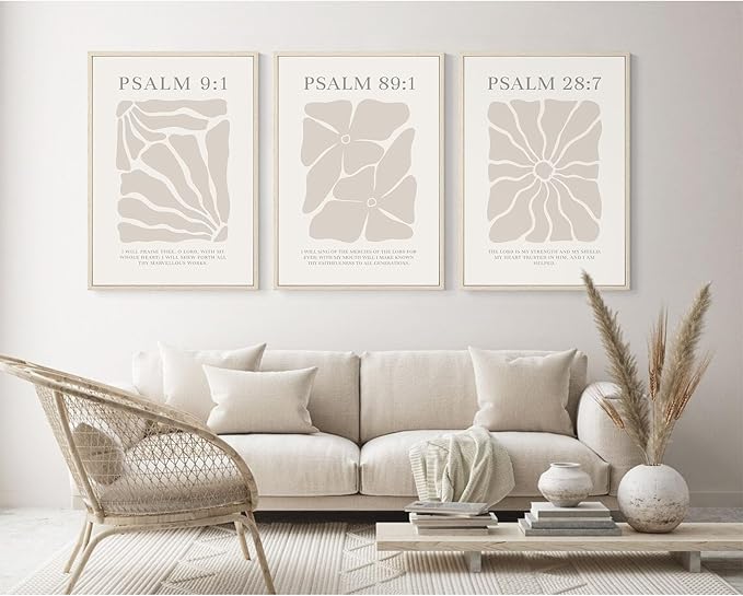 Joocrise Scripture Christian Wall Art Set of 3 Beige Bible Verses Wall Decor Neutral Psalm Canvas Wall Art Modern Pictures Flower Prints Christian Artwork for Living Room Bedroom 12x16 Inch Framed