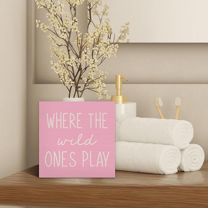 Where The Wild Ones Play Pink Wood Box Sign Desk Decor 5X5, Nursery Kids Room Wooden Block Sign Decorations for Playroom Toddler Boys Girls Room Wall Tabletop Shelf Decor