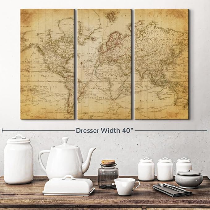 ElephantStock Old Century World Map Wall Art Multi Piece Canvas - 3 Piece Canvas World Map Wall Decor - Decor Ready-to-Hang Print - Vintage Wall Art - 33" X 20"