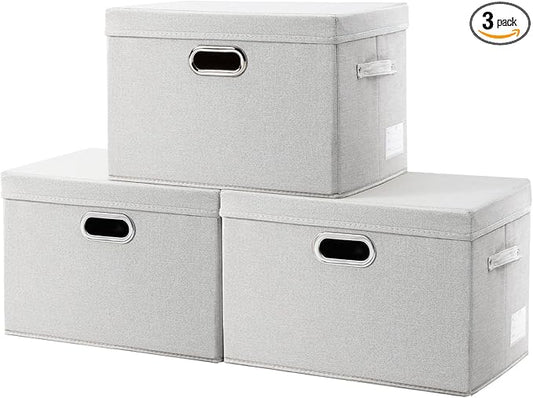 PRANDOM Collapsible Storage Bin with Lid [3-Pack] Fabric Foldable Storage Box Organizer Container Basket Cube with Cover for Home Bedroom Closet Office Beige(15.3x10x9.7)