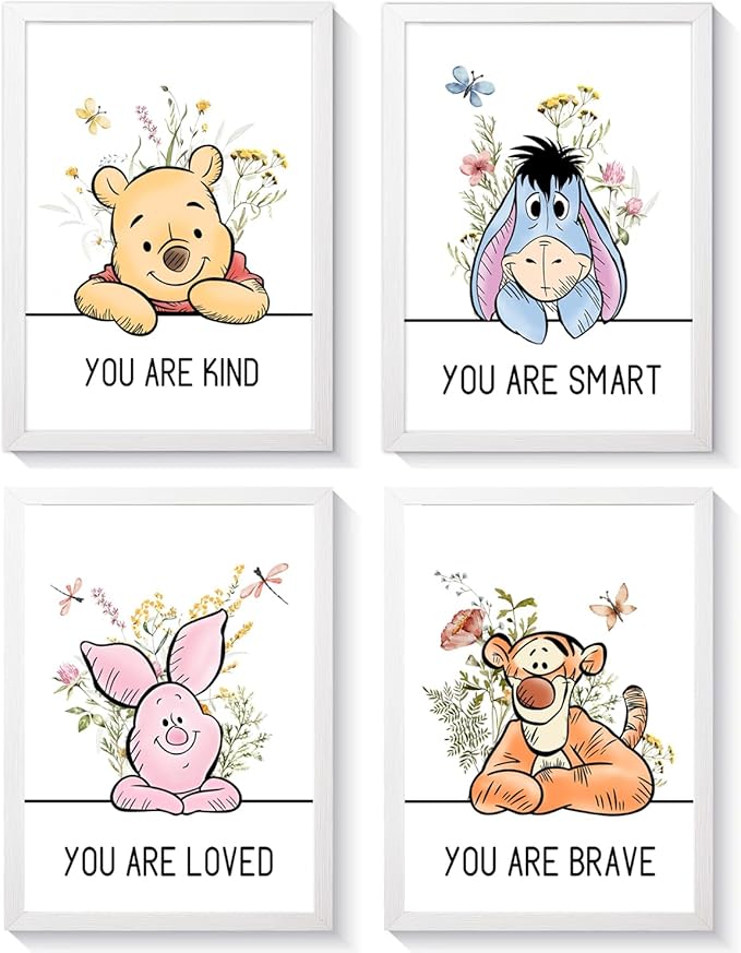 Cute Winnie the Pooh Quote Framed Wall Art Set of 4, Boho Educational You are Brave Strong Smart Kind Wooden Saying Sign, Preschool Inspirational Nursery Wall Decor for Baby Girl Kid Boy Toddlers