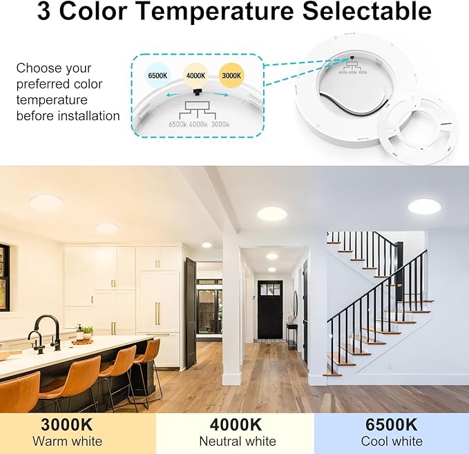 Libit 3-Pack 7" LED Ceiling Light Flush Mounts - 15W 1500LM, 3000K/4000K/6500K Color Options, Thin Flat LED Lights for Bathroom, Hallway & Closet