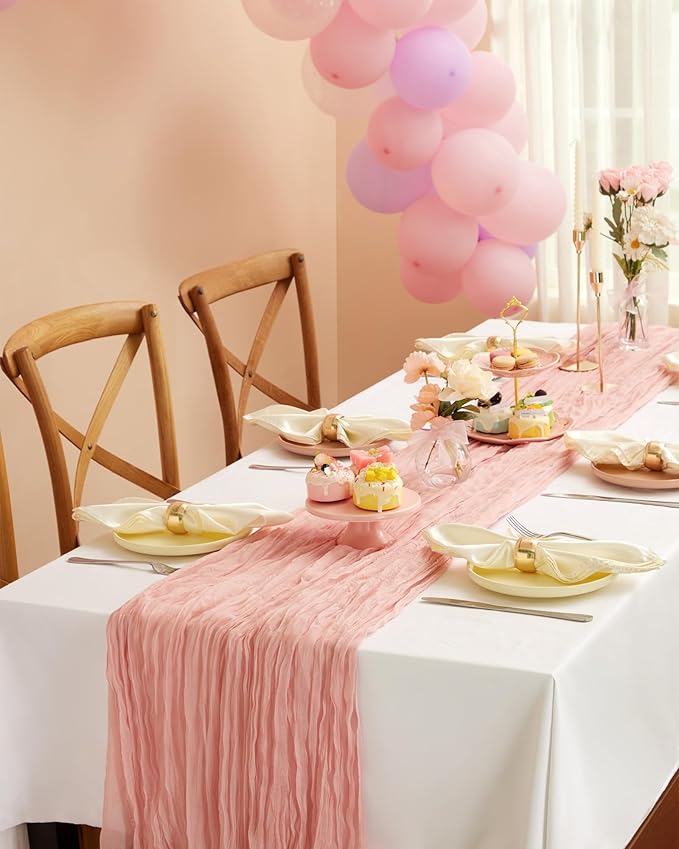 Pureegg 3-Pack Cheese Cloths Table Runner, 120'' Boho Table Cloth Decorations for Party, Baby Shower, Wedding and Farmhouse, Fabric Room Decor, Dusty Pink