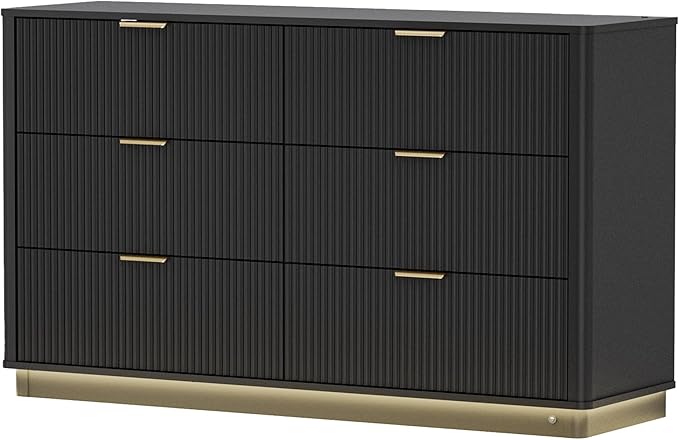 Fluted Dresser for Bedroom with 6 Drawers, 54" Wide Modern Chest of Drawers with Lighting, Wooden Dresser TV Stand with Curved Edges, Closet Organizer for Living Room, Hallway, Black