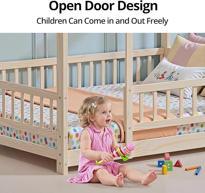 LLS Twin Size Montessori Floor Bed Frame with Slats and Fence, Wooden House Bed for Boys Girls Bedroom, Natural