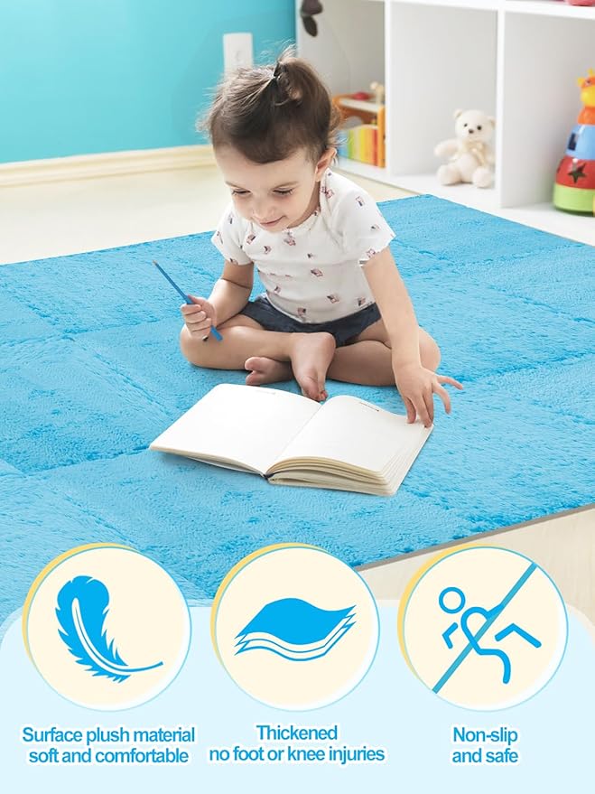 12 pcs Thickened Plush Foam Interlocking Floor Mats, Foam Mats for Floor Baby with Edgings, Soft Anti-Slip Square Foam Tiles, Puzzle Area Rug Playmat for Room Flat (11.8", Blue)
