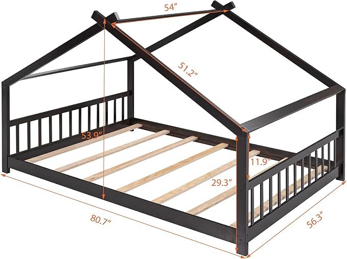 Ball & Cast Full Size Floor Bed,Low to Ground Design Montessori Bed with Roof,Toddler House Bed Frame W/Slats,No Box Spring Needed,for Girls Boys,Espresso