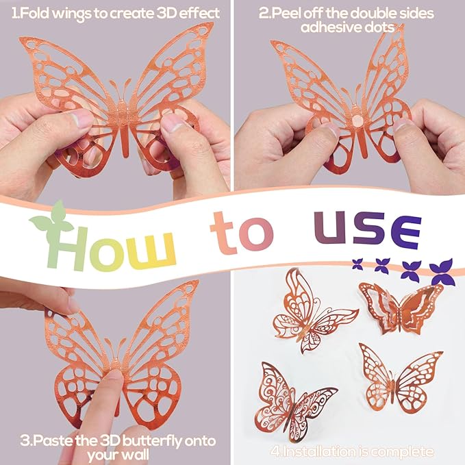 96 Pcs Butterfly Decorations 3 Sizes 4 Styles 3D Butterfly Wall Decor Party Decorations Butterflies for Crafts Birthday & Wedding Celebrations Cake Decorating Balloons Removable Stickers Rose Gold