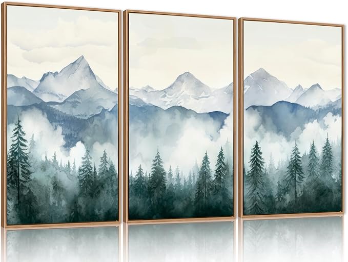 FWIEXA Mountain Framed Wall Art Set of 3, Large Mountains Canvs Pictures Wall Decor, Misty Forest Wall Painting, Foggy Nature Art Photos, 16x24 Inches for Living Room, Bedroom, Office, Home