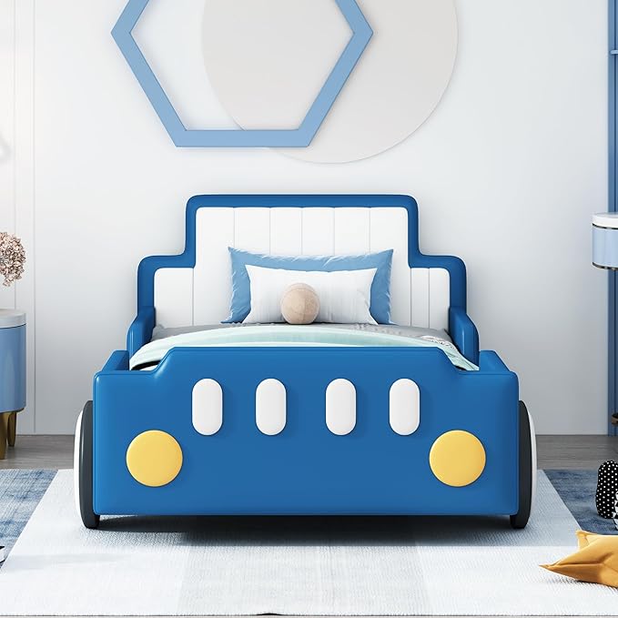 Ball & Cast Twin Size Race Car Shaped Platform Bed with Wheels,Wood Low Floor Bed Frame w/Rails & Headboard and Footboard,Slat Support,No Box Spring Needed,for Apartment,Dorm,Blue