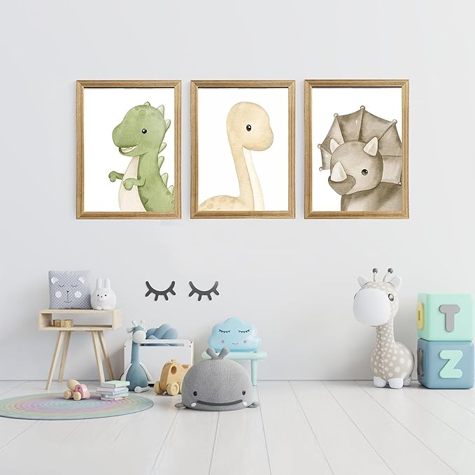 arfitest Dinosaur Wall Art Kids Boys Room Canvas Wall Decor Dino Nursery Wall Art Pictures Baby Dinosaur Poster Prints for Boys Bedroom Bathroom 12x16 Inch Framed Set of 3