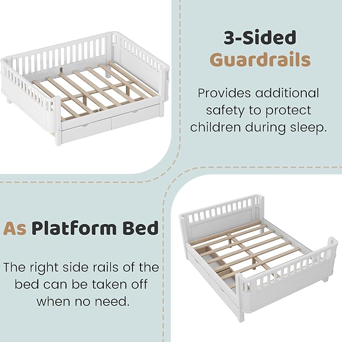 Full Size Kids Bed Frame with Rails, Wood Montessori Bed Full with 2 Storage Drawers &Slats Support, Modern Daybed with Removable Bed Rails for Girls Boys Bedroom Living Room, White