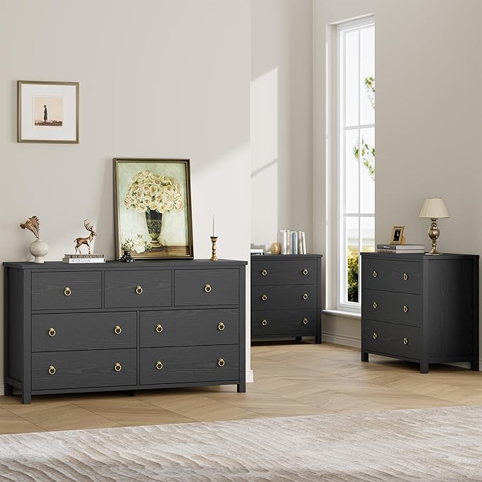 IDEALHOUSE Dresser for Bedroom with 7 Drawers, 54'' Wide Chest of Drawers with Large Clothes Storage Cabinet, Wood Bedroom Dresser, TV Stand for Nursery, Living Room, Hallway, Black