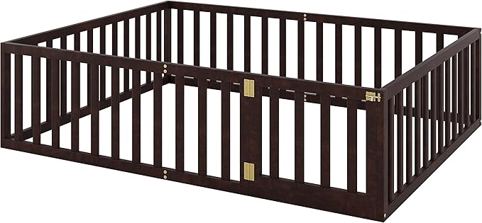 Merax Queen Floor Bed with Safety Guardrails and Door, Wood Montessori Floor Bed Frame for Kids, Queen Playhouse Bed Frame for Baby Girls and Boys, Walnut
