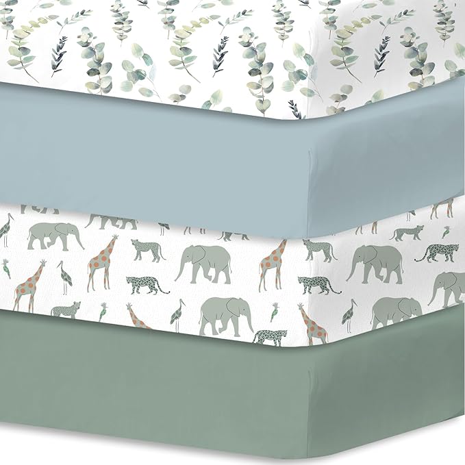 Little Grape Land Crib Sheets 4 Pack for Boys and Girls, Baby Neutral Crib Fitted Sheets for Standard Crib & Toddler Mattress, Super Soft Breathable Fitted Crib Sheet Set, Leaves & Safari